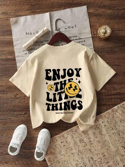 青少年女孩休闲图案印花圆领短袖 T 恤，夏季上衣