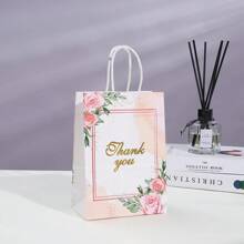 12/24PCS Floral Design Thank You Kraft Paper Gift Bags, Gift Packaging Bag, For Wedding Party Decor, Birthday Party Supplies, Theme Party Gifts Decorations