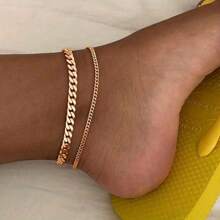 2-Piece Fashionable Women's Ankle Chain Set - Stainless Steel Double-Layer Cuban Chain, Suitable For Daily Wear And Vacation