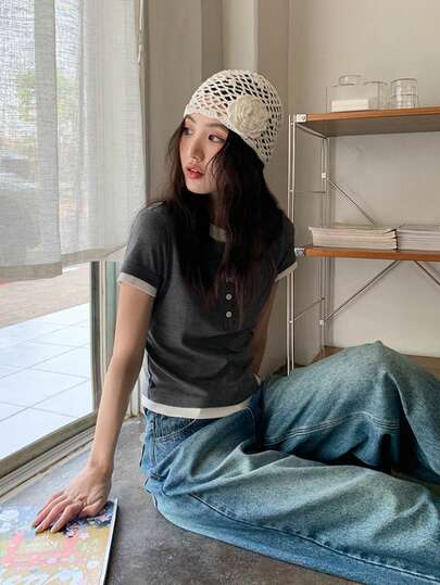 复古美式撞色短袖女士紧身T恤，夏季