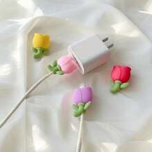 Multi-Color Cute Flowers Compatible With Apple Data Cable Protective Cover Charging Cable Protective Cover Bite Bite Charging Cable Protective Cover Cable Protector, Charger Accessories, Phone Accessories - Red - View 1