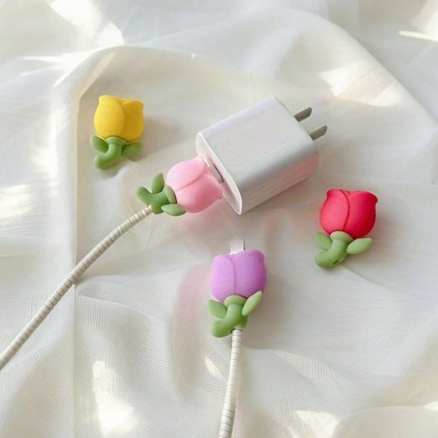 Multi-Color Cute Flowers Compatible With Apple Data Cable Protective Cover Charging Cable Protective Cover Bite Bite Charging Cable Protective Cover Cable Protector, Charger Accessories, Phone Accessories - Red - View 1