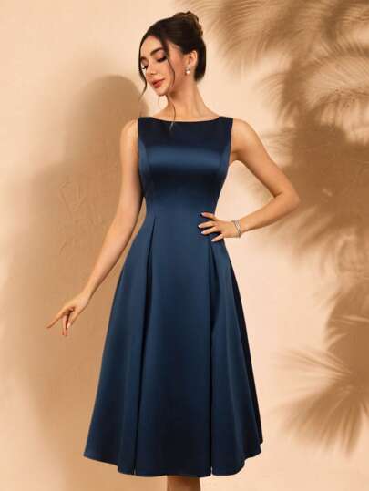 MOEVIO Women's Elegant Round Neck Satin Backless Aline Short Formal Evening Prom Cocktail Mini Dress Wedding Guest Bridal Shower Graduation Vacation Gown, Fall Homecoming Back-To-School Occasional Halloween Christmas New Year Dresses For Women