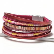 1pc Multilayer Leather/PU Bracelet, Boho Style Magnetic Closure Decorative Wristband - Red - View 2
