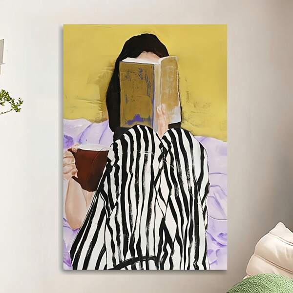 قطعة واحدة ، لوحة فنية لامرأة تقرأ الكتب وتشرب القهوة، ديكور فني حديث بدون إطار، ملصق مطبوع على لوحة جدارية مقاومة للماء على قماش، مناسبة للمنزل، المكتب، غرفة النوم، غرفة المعيشة، غرفة الدراسة، الحمام، البار، فن الجدران وديكور المنزل، هدية عيد مثالية