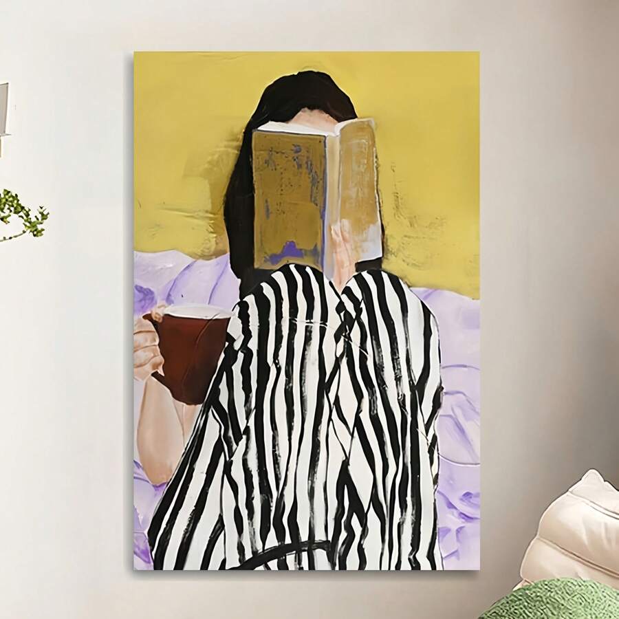 قطعة واحدة ، لوحة فنية لامرأة تقرأ الكتب وتشرب القهوة، ديكور فني حديث بدون إطار، ملصق مطبوع على لوحة جدارية مقاومة للماء على قماش، مناسبة للمنزل، المكتب، غرفة النوم، غرفة المعيشة، غرفة الدراسة، الحمام، البار، فن الجدران وديكور المنزل، هدية عيد مثالية