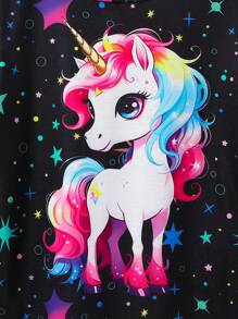 Girls' Summer Fashionable Cute Star & Unicorn Pattern Short Sleeve T-Shirt And Shorts Set, Suitable For Outdoor, Casual, Sports, Party