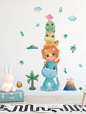 1pc Creative Cute Stacked High Dinosaurs Pattern Self-Adhesive Wall Stickers, Bedroom Bathroom Living Room Porch Home Decoration Wall Stickers, Removable Stickers, Wall Decor Decals