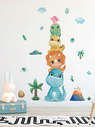 1pc Creative Cute Stacked High Dinosaurs Pattern Self-Adhesive Wall Stickers, Bedroom Bathroom Living Room Porch Home Decoration Wall Stickers, Removable Stickers, Wall Decor Decals