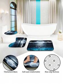 1 pièce/4 pièces Ensemble de salle de bain motif lac sous clair de lune avec rideaux de douche multifonctions (12 crochets), tapis de bain, tapis en U, housse de siège de toilette ronde, adapté à tous les scénarios, rentrée scolaire