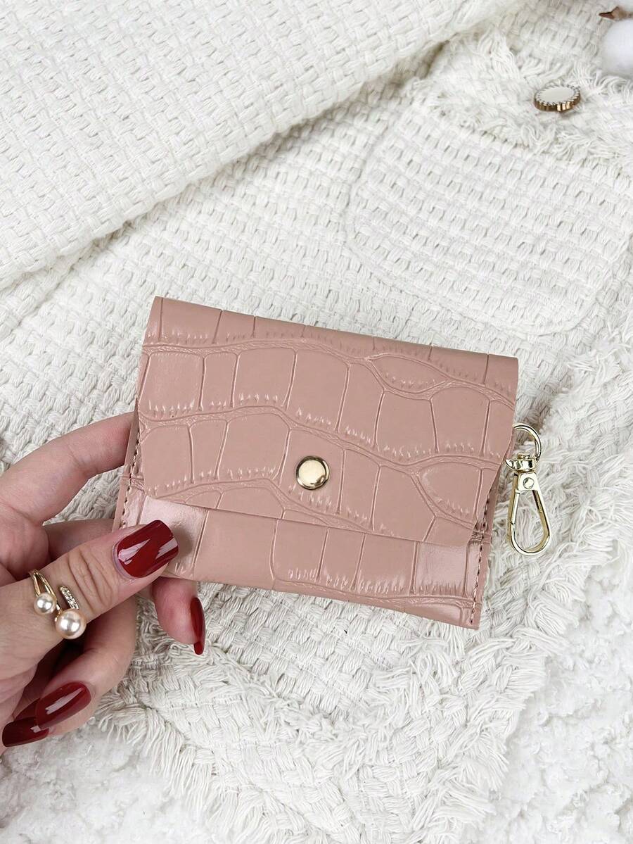 鳄鱼压纹翻盖石压纹迷你钱包口袋钱包时尚简约卡包轻薄便携现金身份证信用卡零钱袋生日礼物周年纪念礼物情侣女士女孩女士青少年大学生学校学生男士 - 粉色 - 查看 1
