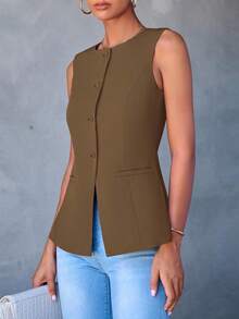 Women's Summer Suit Vest Top Formal Business Casual Sleeveless Button Slimming All Fashion Suit Jacket Vest - 咖啡 - 查看 3