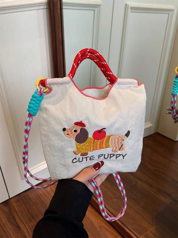 حقيبة دلو من القماش المطرز جميلة، حقيبة كتف نسائية مصنوعة من النايلون المقاوم للماء، تصميم التطريز بالكلب، حقيبة يد نسائية مع حزام قابل للإزالة