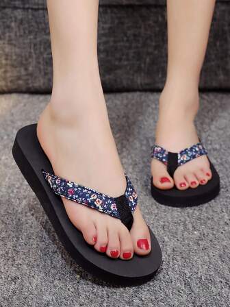 2.5cm Platform Flip Flops Women, Printed Thong Sandals, Fashion Versatile Casual Women Shoes, EVA Wedge Thick Bottom Comfortable Slides, Outdoor Matching Beach Slippers