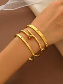 1/3 件时尚 18K 镀金不锈钢四叶草指甲手链，适合女士聚会和日常佩戴，欧美风格，个性、优雅、奢华的方晶锆石腕带，婚礼首饰套装 - 金色 - 查看 4