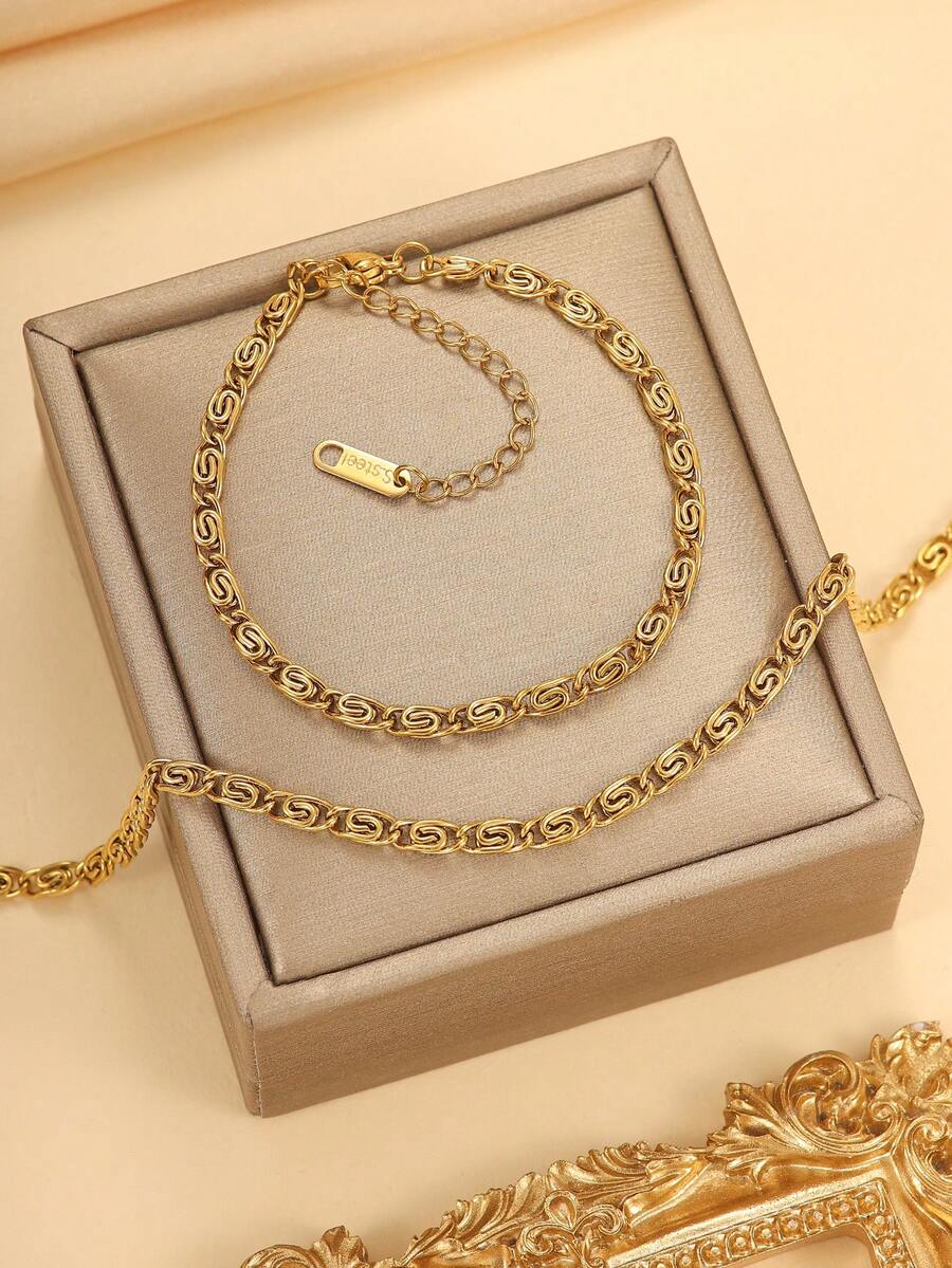 Bộ trang sức 2 món bằng thép không gỉ mạ vàng, kiểu dáng thời trang, bao gồm dây chuyền và vòng tay, thích hợp để phụ nữ đeo hàng ngày hoặc làm quà tặng. - Vàng - Xem 1