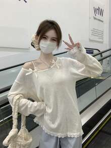 蝴蝶结双面不对称肩部薄款蕾丝拼布长袖宽松罩衫 - 杏色 - 查看 1