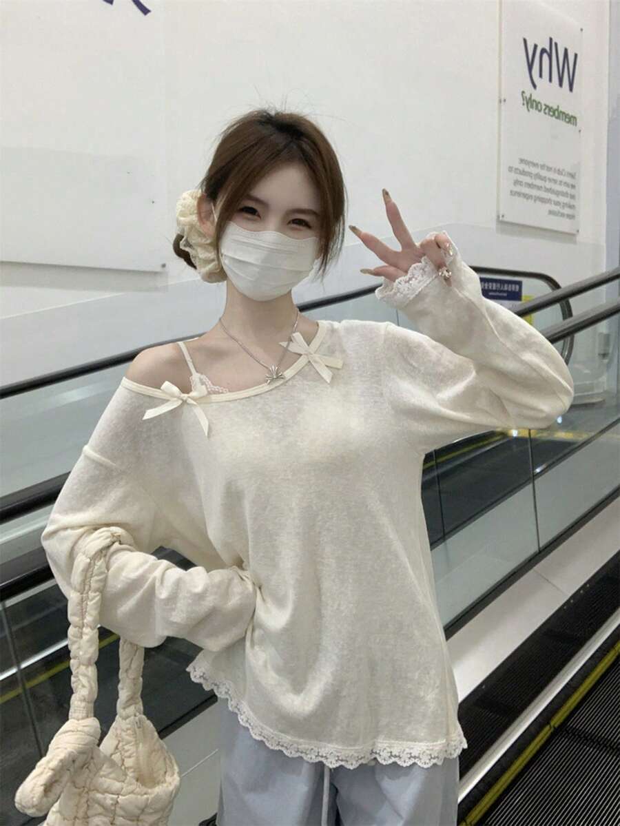 蝴蝶结双面不对称肩部薄款蕾丝拼布长袖宽松罩衫 - 杏色 - 查看 1