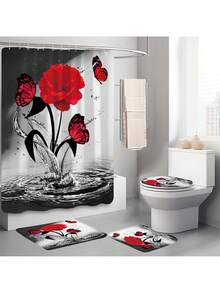 1pc/4pcs Red Falling Rose Flower Shower Curtain Decoration, Beautiful Housewarming Gift Modern Home Decoration, Waterproof Shower Curtain And Toilet Floor Mat Three Pieces Set Comes With 12 Shower Curtain Hooks Back To School - Multicolor - View 6