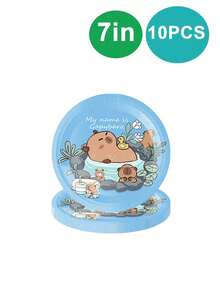 10 件水豚生日派对装饰 - 可爱卡通水豚派对餐具套装包括一次性纸盘和餐巾，男女生日派对装饰用品，适合夏季海滩派对、家庭泳池派对、户外派对，