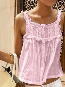 Women Summer Tank Tops Casual Lace Patchwork Buttons Sleeveless Shirt Basic Vest Aesthetic Clothes for Streetwear - Rosa - Ver 2