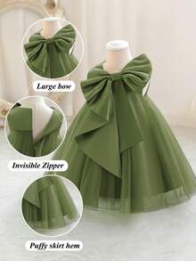 女婴绿色蝴蝶结圣诞派对礼服，优雅公主薄纱裙，适合作为女婴一周岁生日礼物、派对、宴会、节日庆典的礼服