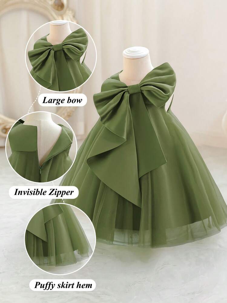 Vestido de fiesta de Navidad con lazo verde para niñas, vestido de princesa elegante de tul, adecuado como regalo de primer cumpleaños, fiesta, banquete y celebración festiva para niñas - Verde militar - Añade 4
