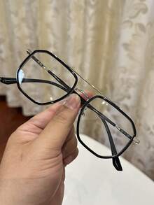 1pc Men's Casual Vintage Square Aviator Black Rimless Sunglasses, Suitable For Daily Wear And Street Photography