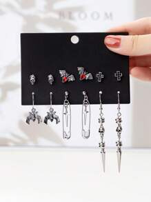 6 Pairs Gothic Skull, Cross, Bat, Spike-Shaped Halloween Design Fashion Earring Set