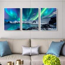 3pcs Frameless Canvas Prints, Suitable For Living Room Wall Decoration, Bedroom And Dining Room Wall Decoration, Office Home Art Hangings, Farmhouse Style Canvas Hangings, Aurora Landscape Paintings,Decoration Maison,Tableau Mural