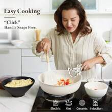 Juego de 4/6 piezas de utensilios de cocina de cerámica antiadherentes, saludables, con olla y asa desmontable, apto para caravanas, resistente a la suciedad y los arañazos, apto para lavavajillas/horno, incluye sartén, olla de sopa, tapa y asa desmontable, color blanco crema.