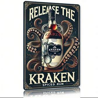 Vintage Kraken Spiced Rum Metal Sign 20.32x30.48 Cm – Nautical Wall Art With Octopus Design, Rustic Iron Tin Plaque For Home Bar, For Man Cave, Or Pub Decor – Pre-Drilled Holes, Pirate Theme Gift For Rum Enthusiasts, Bold Contrast Design