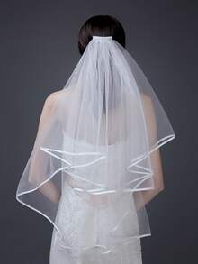 1 件双层简约新娘面纱，带缎面饰边，手工制作，适合婚礼，四季皆宜 - 白色 - 查看 2