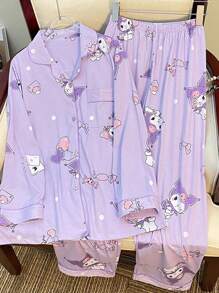 Sanrio 1 Set de pijama con estampado de personajes de Sanrio. Pijama de dibujos animados de Kuromi en morado, cómodo e inspirador