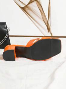 Orange Slip-On High Heels For Women, Cross Strap Peep Toe Square Toe Chunky Heeled Fashion Casual Beach Mules Summer Sandals