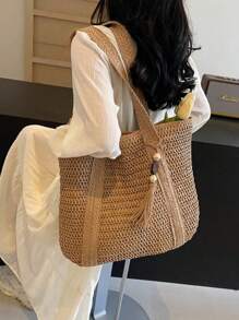 1pc New Fashionable Versatile Tote Bag, Beach Vacation Bag, New Arrival Fashionable Woven Beach Tote Bag, Lightweight Elegant Design, Women's New Straw Woven Handbag, Fashionable And Versatile Large Capacity Tote Bag, Handbag, Large Capacity, Suitable For Women, College Students, Teenagers, With Tassel Pendant, Summer Straw Beach Bag For Women,