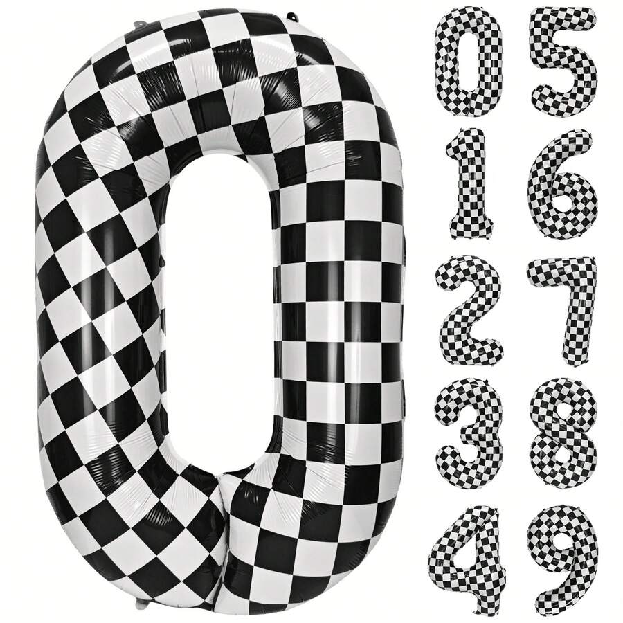 1 Peça Balão Número de Aniversário, Balão de Folha de Alumínio de Carro de Corrida Quadriculado de 40 Polegadas, Balão Grande de Número Preto e Branco Auto-Inflável de Hélio, Adequado para Itens de Decoração de Festa de Aniversário com Bandeira de Corrida