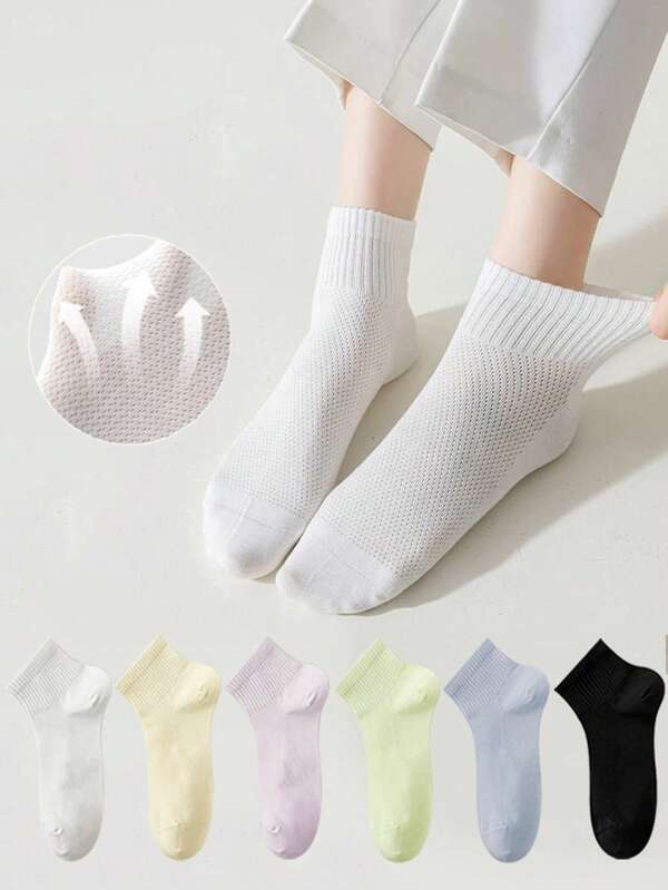 Random Color Women Macaroon Mesh Mid-Calf Socks, Simple Solid Color Women's Ankle Socks, Low-Cut Breathable Casual Boat Socks, Korean/Japanese Style