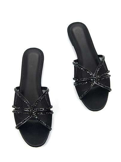 女士优雅全镶钻镂空网眼装饰黑色时尚圆头舒适平底穆勒凉鞋，适合日常穿着和派对，春夏装扮