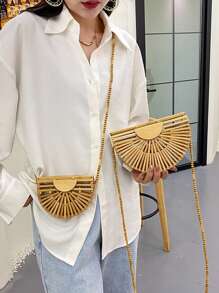 Fashion Half Moon Wooden Shoulder Crossbody Bags For Women Bamboo Woven Summer Beach Straw Bag Rattan Small Phone Purse Mini Bag
