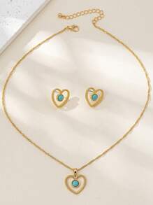 3 Stücke Set Braut Türkis-Herz Öltropfen Anhänger Halskette und Ohrringe Luxus Schmuckset