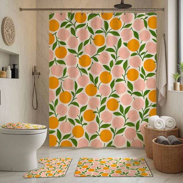Juego de 4 piezas para el baño con tema de melocotón y naranja, incluye cortina de ducha, alfombra de baño, alfombra en forma de U para el inodoro, tapa del inodoro, cortina de ducha impermeable, cortina divisoria de estilo moderno para el baño, sin necesidad de perforación, de poliéster, lavable a máquina, decoración para el hogar, accesorios de baño, de vuelta al colegio