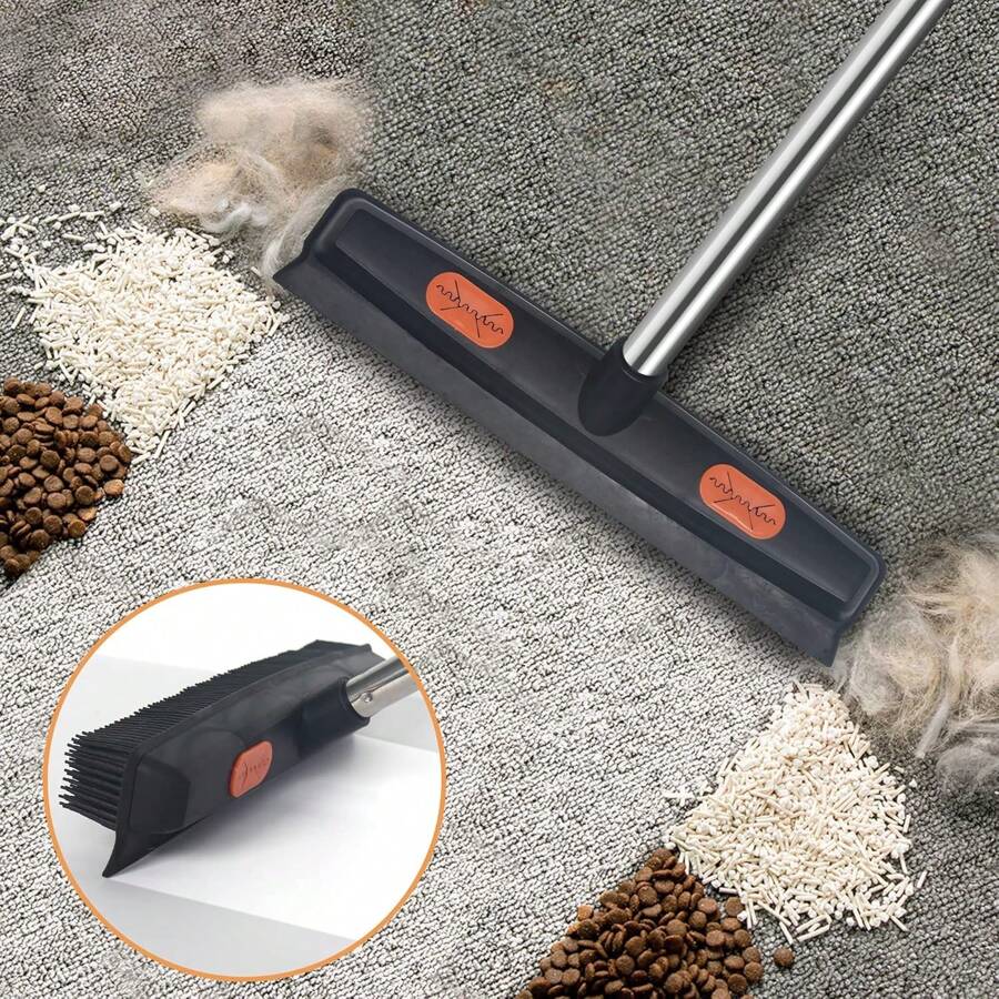 Rubber Broom Carpet Rake For Pet Hair, Fur Remover Broom With Squeegee, Portable Detailing Lint Remover Brush (Stainless 4 Steel Handle)