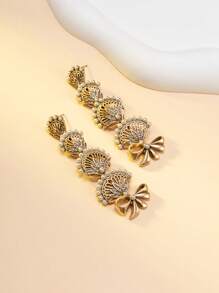 1 Pair Luxurious Gold-Tone Layered Fan-Shaped Earrings With Bow Accent, Featuring European & Middle Eastern Style, Pearl & Diamond Decor, Exotic Charm