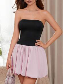 Women's Mini Tube Top Dress Off Shoulder Backless Sleeveless A-Line Puffball Dress For Party Club - Powder Black - View 5