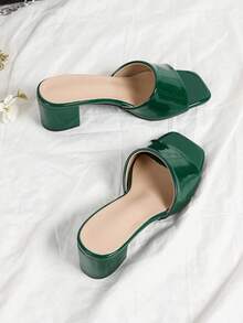 2025 优雅绿色女士高跟鞋，夏季时尚优雅女士高跟凉鞋，简约一脚蹬粗跟方头穆勒鞋，亮面女鞋 - 綠色 - 查看 5