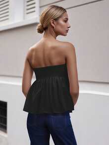 Women Cotton Strapless Bandeau Tube Top Ruffle Hem Off Shoulder Sleeveless Pleated Peplum Blouse Flowy Casual Going Out Tanks - màu đen - Xem 6