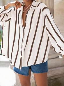 粉色条纹宽松休闲衬衫，优雅开衫上衣，通勤日常穿着，适合外出、情人节、春夏季