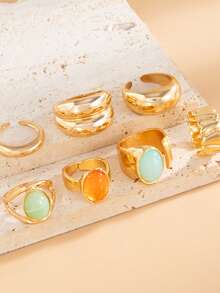 Set de 7 anillos acrílicos asimétricos, set de anillos con textura martillada y diseño abierto, adecuado para fiesta, regalo, uso diario - Multicolor - Ver 4