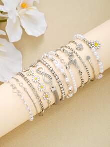 17KM 12 件简约心形和雏菊仿珍珠手链套装，女士节日约会礼物日常休闲夏季配饰 - 銀色-12件 - 查看 3